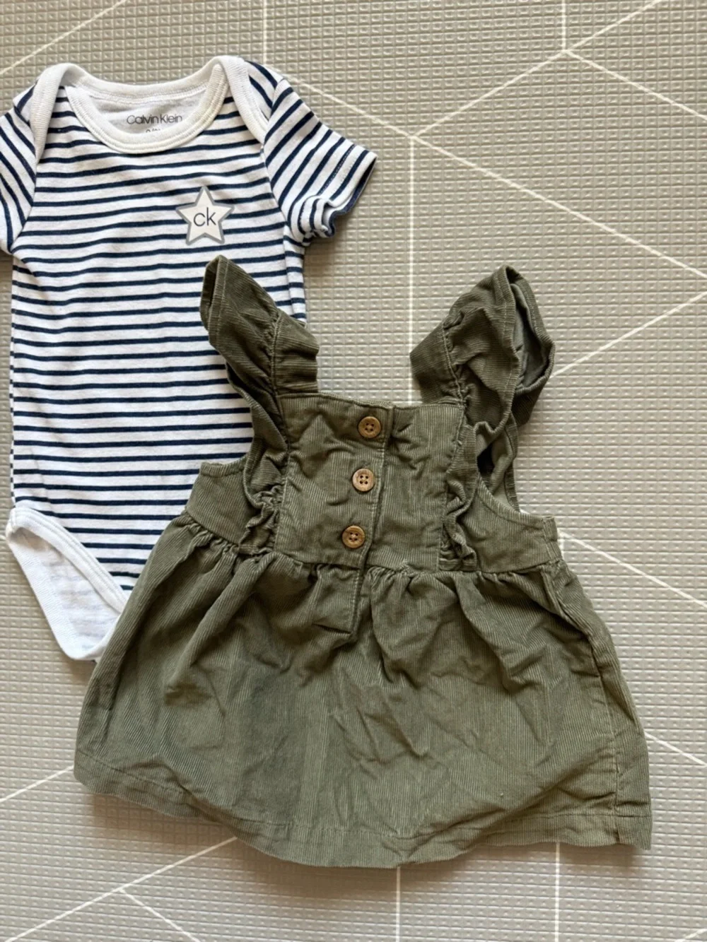 Carters|Baby girl boho set,white Striped Onesie & Olive corduroy pinafore dress•